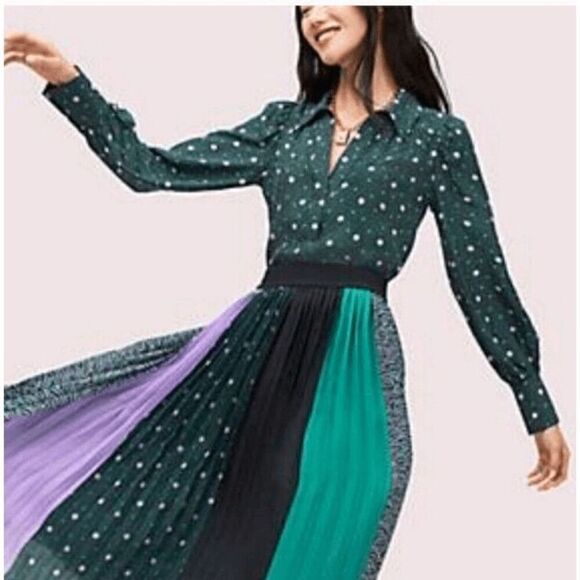 Kate Spade Pine Forest Green Pop Dots Blouse Size XS Silk Blend - Picture 5 of 15